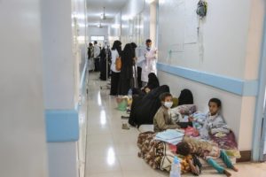 In this May 12, 2017 photo released by UNICEF, patients suffering from severe diarrhea and suspected of cholera, wait to receive treatment, at a hospital in Sanaa, Yemen. An Associated Press investigation finds that Yemen’s massive cholera epidemic was aggravated by corruption and official intransigence. The investigation has found that both the Iranian-backed Houthis rebels and their main adversary in the war -- the U.S.- and Saudi-backed government that controls southern Yemen -- impeded efforts by relief groups to stem the epidemic. (UNICEF via AP)