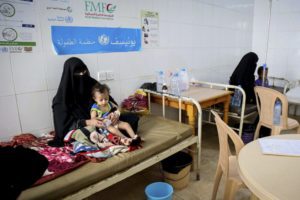 In this Sept. 16, 2017 photo released by UNICEF, children receive treatment for cholera at a hospital in Saada, Yemen. An Associated Press investigation finds that Yemen’s massive cholera epidemic was aggravated by corruption and official intransigence. The investigation has found that both the Iranian-backed Houthis rebels and their main adversary in the war -- the U.S.- and Saudi-backed government that controls southern Yemen -- impeded efforts by relief groups to stem the epidemic. (UNICEF via AP)